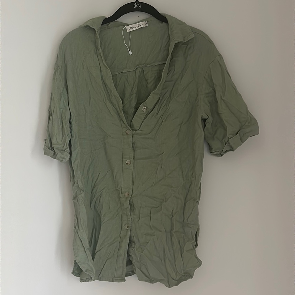 MerryFun Light Green Linen Button Down Shirt Size Large